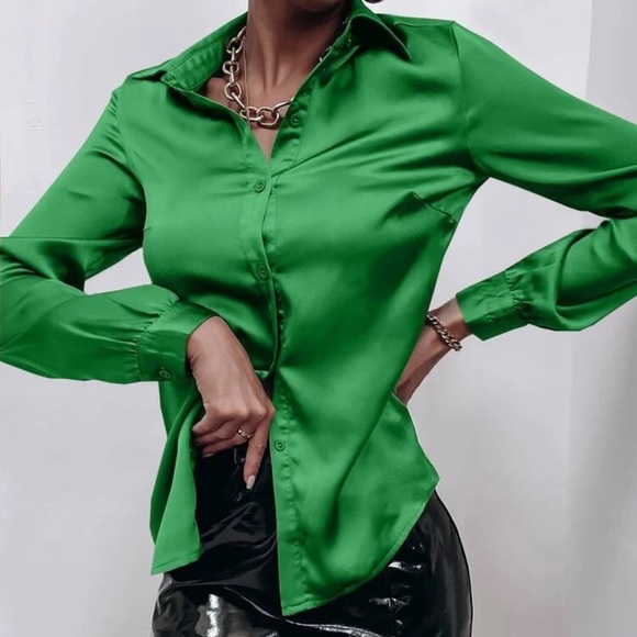 Satin silky button up down shirt sexy business professional casual holiday - Picture 5 of 16